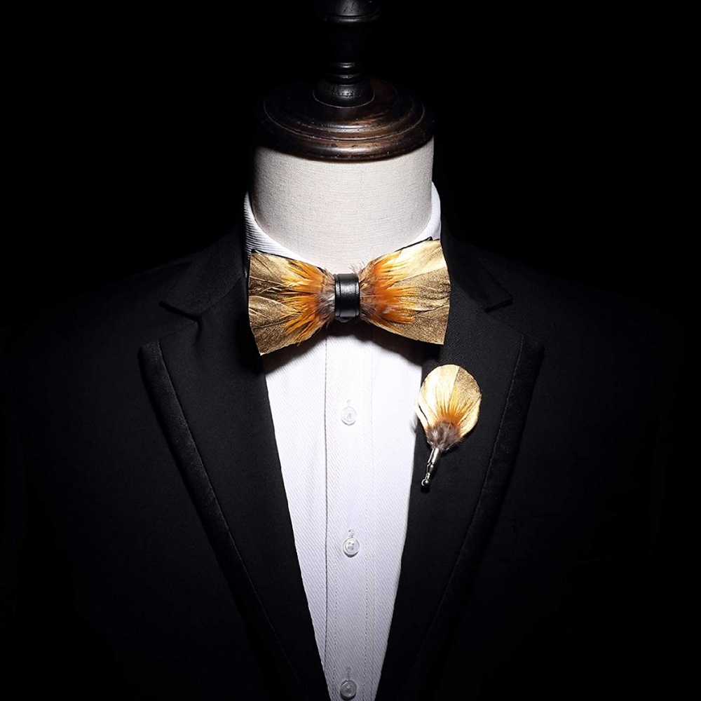 Mens Natural Feather Pre Tied Bow Tie & Lapel Pin